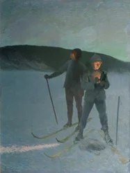 Isfiske med skidåkning, kväll