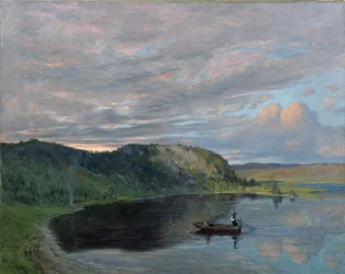 Sommarkväll vid en hög bergssjö (olja på duk)