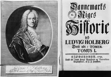 Baron Ludvig Holberg (1684-1754) och titelsidan till volym I av hans Danmarks Historie, publicerad i Köpenhamn, 1732
