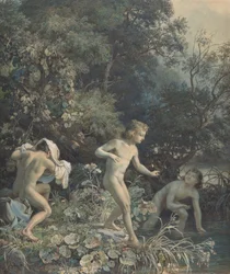 Flodstrand med tre badande pojkar, 1800-talet.