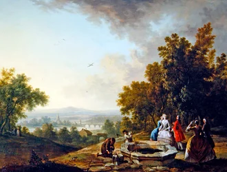 Ett landskap med eleganta figurer (olja på koppar)