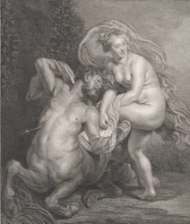 Deianeira tar emot den förgiftade tunikan från Nessus och den skadade kentauren faller till..., 1778.