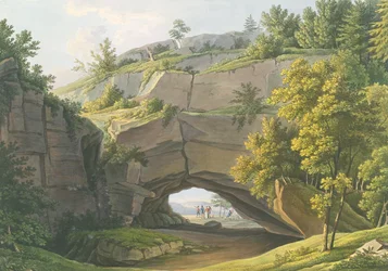 Utsikt över den berömda Kuhstallgrottan i Saxon Schweiz (gravyr med wc)