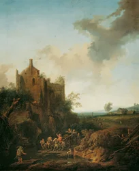Landskap med slottsruin och häst och vagn