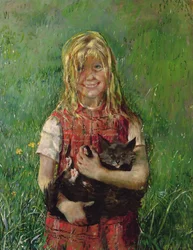 Flicka med en katt (olja på duk)
