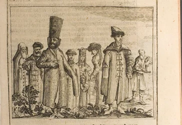 Traditionell klädsel av Moscovites Illustration från resor till den store hertigen av Muscovy och släkten