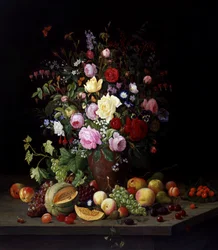 Stilleben med blommor och frukt. Målning av Christian Mollback (1853-1921) Privat samling.