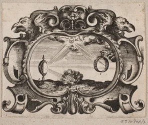 Emblem med sol som strålar genom en ring och genom ett brinnande glas för att antända en eld