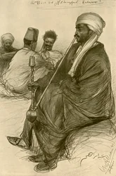 Man röker en vattenpipa ombord på "Hatasoo"-ångbåten, Egypten, 1898.