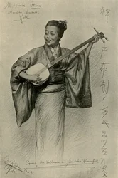 Kvinna som spelar shamisen, Mentaki Falls, Kobe, Japan, 1898.