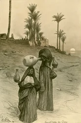 Kvinnor som bär vattenkrukor på Nilens strand, Kairo, Egypten, 1898.