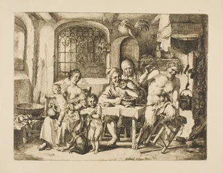 Satyr i ett bondehus, i stil med Jordaens