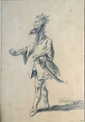 Vildmannen Karikatyr föreställande en monstruös man med lång, hårig hals och kluvna öron. Lavis av Christian Wilhelm Ernst Dietrich (1712-1774) 1700-talet sön. 0,3x0,2 m Paris, Louvren