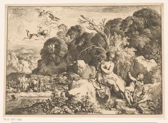 Venus sitter på en sten, ackompanjerad av tre putti