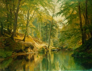 Ett trädbevuxet flodlandskap med figurer i en båt, 1893