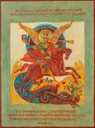 Ärkeängeln Mikael i strid Icon, 2023 (äggtempera, bladguld, trä)