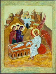 Kvinnor vid graven, 2008 (äggtempera på trä, bladguld)