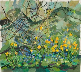 Cornerways Garden Daffodils and Blue Anemonies, 2013 (akvarellmålat papperscollage)