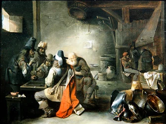 En grupp figurer som spelar backgammon (olja på panel)