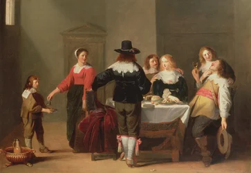 En vaktrumsinredning med soldater som äter och dricker i kvinnligt kompani, 1639