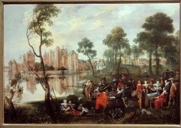 Snack i en galant scenpark. Målning av Christophe Van der Lamen (1606-1651)
