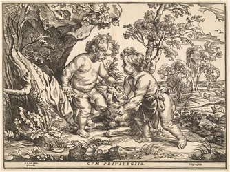 Spädbarnet Kristus och Sankt Johannes som leker med lammet