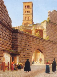 Muren runt Augustus Forum med Mars Ultor-templet och kampanilen på kyrkan San Basilio i Rom.