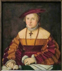 Tyska: Bildnis der Ehefrau des Ulrich Ehinger, Ursula Meuting (d. 1588) (Porträtt av hustrun till Ulrich Ehinger, Ursula Meuting) Porträtt av hustrun till Ulrich Ehinger, Ursula Meuting