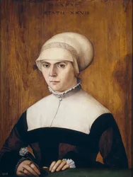 Porträtt av pausen, 28 år gammal, av Joerg Zuber, orfevre d’Augsbourg - The wife of Joerg Zoerer, vid en ålder av 28 av Amberger, Christoph (ca 1505-1562)