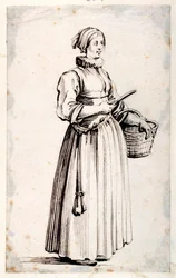Figur med korg och kniv (penna & brunt bläck på papper)