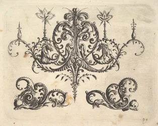 En fantastisk ljuskrona med brinnande ljus och arabesker, några som slutar på fantastisk häst..., 1610.