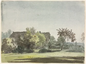 Bondgård bakom träd, ca. 1790.