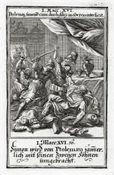 Simon och hans två söner dödas av Ptolemaios.1 Makkabeerbrevet 14:16, 1695