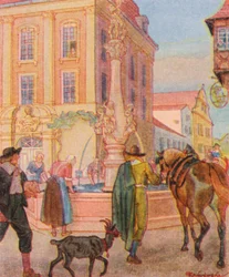 Brunnen Und Tranke / Fontän och dricksvattenbehållare (färglitografi)