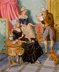 Dichtervorlesung Im Boudoir / Poesiuppläsning i boudoiren (färglitografi)