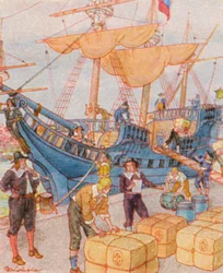 Hafen Mit Tabakballen / Hamn med tobaksbalar (färglitografi)