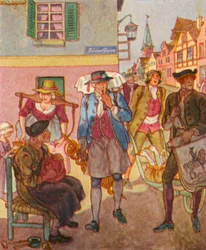 Strassenhandler / Gatuförsäljare (färglitografi)
