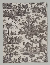 Fragment av koppartryckt bomull med Les quatres parties du monde Design, 1788.