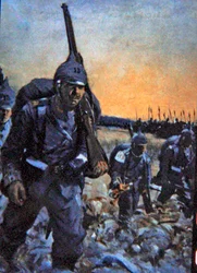 Tyskt infanteri 1914 i fältuniform (färg litho)