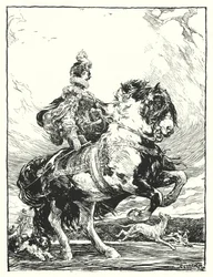 Kvinna i Tudordräkt som jagar till häst (litho)