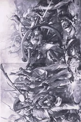 Slaget vid Meanee, 17 februari 1843: The fight at the guns, illustration från British Battles on Land and Sea, 1915