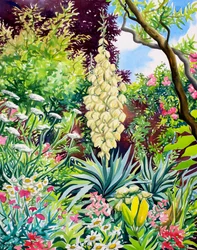 Trädgård med blommande Yucca (akvarell på papper)