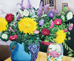 Interiör med asters (akvarell på papper)