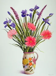 Iris och Gerbera i en holländsk kanna (wc)