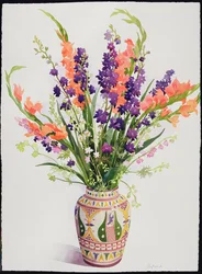 Larkspur och Gladioler i en marockansk vas (wc)