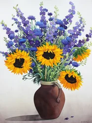 Sommarblommor i brun kanna (akvarell på papper)