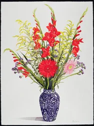 Tigerliljor, gladioler och skabb i en blå marockansk vas (wc)