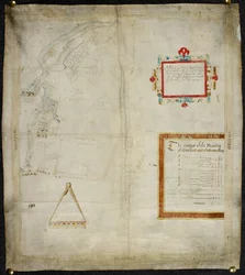 Karta över Bayford och Goodmanston herrgårdar i Murston och Sittingbourne, co. Kent: 1590 (bläck och färgtvätt på pergament)