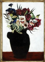 Blommor i en svart kanna (olja på duk)