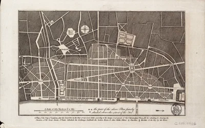 Plan över staden London efter den stora branden 1666 (tryck)